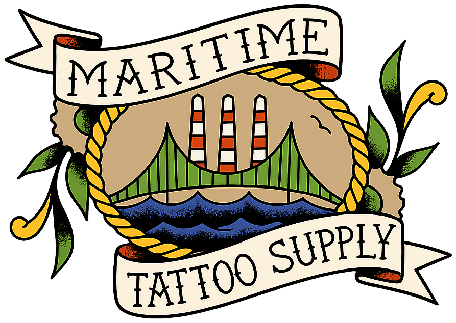 Maritime Tattoo Supply crest: the Macdonald Bridge inside a gold rope ring, banners reading Maritime Tattoo Supply